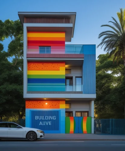 colorful facade,cubic house,cube house,woollahra,woolloongabba,color wall,vivienda,darlinghurst,building block,apartment block,seidler,painted block wall,apartment building,mondrian,rubell,technicolour,transadelaide,bulding,arquitectonica,cladding,Photography,General,Realistic