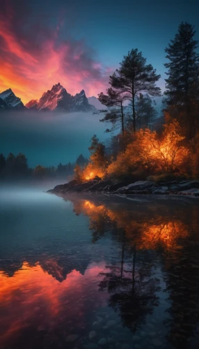 fire in the mountains,fire and water,incredible sunset over the lake,volcanic lake,mountain sunrise,forest fire,firelight,lake of fire,fantasy landscape,evening lake,reflection in water,fantasy picture,fire background,splendid colors,beautiful landscape,water reflection,firefall,fire mountain,foggy landscape,landscape background,Photography,General,Fantasy