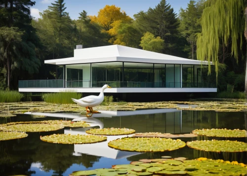 pavillon,golden pavilion,house with lake,the golden pavilion,swan on the lake,pavillion,beyeler,lilly pond,tugendhat,serralves,summer house,swan lake,l pond,duck on the water,gaggenau,minotti,pool house,mid century house,house by the water,cisne,Art,Artistic Painting,Artistic Painting 51