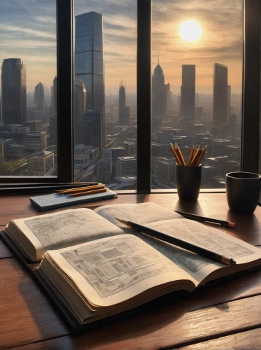 modern office,bureau,schuiten,windows wallpaper,office desk,study room,cosmographia,morning light,window sill,writing desk,blur office background,schuitema,encyclopaedias,cityscapes,windowsill,coffee and books,lectio,paperweights,workspaces,city scape,Illustration,Abstract Fantasy,Abstract Fantasy 15