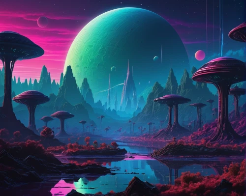 alien planet,futuristic landscape,alien world,mushroom landscape,fantasy landscape,lunar landscape,planet alien sky,scifi,gas planet,planet,mushroom island,3d fantasy,sci - fi,fantasy city,extrasolar,sci fi,purple landscape,homeworlds,offworld,vast,Conceptual Art,Sci-Fi,Sci-Fi 12