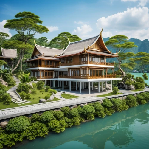 asian architecture,the golden pavilion,golden pavilion,feng shui golf course,water palace,house by the water,teahouses,house with lake,buddhist temple,oriental,shangrila,3d rendering,teahouse,floating huts,buddhist temple complex thailand,houseboats,asian vision,water lotus,lotus pond,seasteading,Photography,General,Realistic