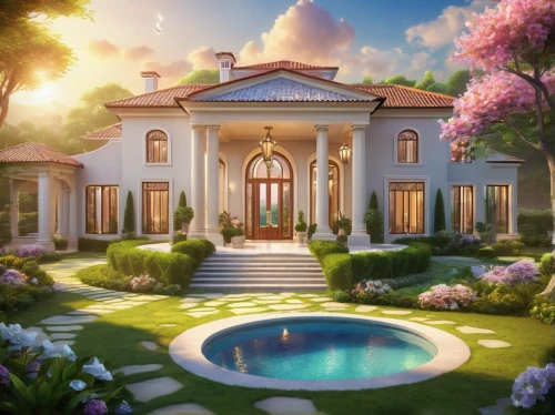 dreamhouse,luxury home,mansion,beautiful home,luxury property,country estate,mansions,villa,private house,pool house,home landscape,gardenias,palladianism,holiday villa,country house,dandelion hall,luxury real estate,large home,secret garden of venus,landscaped,Illustration,Realistic Fantasy,Realistic Fantasy 01