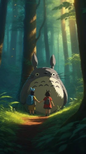 my neighbor totoro,totoro,studio ghibli,ghibli,mononoke,little red riding hood,red riding hood,arrietty,game illustration,moomins,moomin world,terabithia,in the forest,tumblehome,forest walk,happy children playing in the forest,alice in wonderland,cartoon forest,konietzko,thatgamecompany,Conceptual Art,Fantasy,Fantasy 32