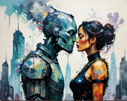 automatons,robotic,amantes,cyborgs,cybernetic,pacitti,robotham,amants,robots,neuromancer,androids,cybernetically,man and woman,cyberpunk,garamantes,metalized,roboto,transhuman,automaton,chevrier,Conceptual Art,Oil color,Oil Color 08