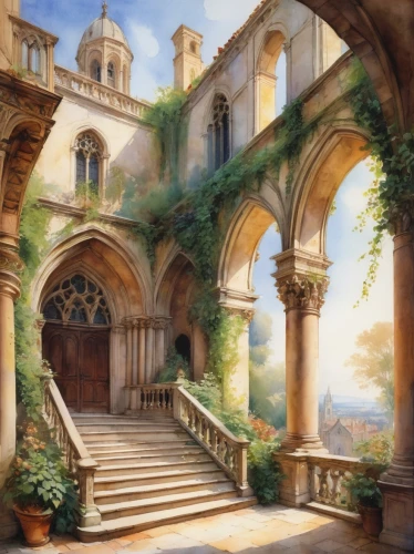 seregil,fantasy landscape,archways,doorways,fantasy picture,the threshold of the house,theed,rivendell,fantasy art,gondolin,church painting,monastery,entranceways,cloistered,valinor,coville,castle of the corvin,hall of the fallen,alfheim,romanies,Art,Classical Oil Painting,Classical Oil Painting 40