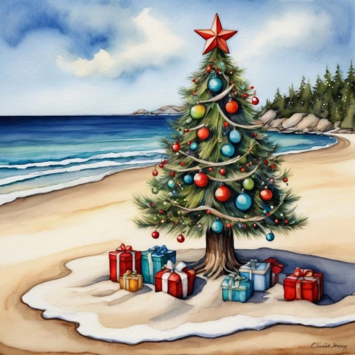 christmas on beach,watercolor christmas background,santa claus at beach,christmas landscape,christmas island,watercolor pine tree,christmases,christmas snowy background,christmasbackground,christmas travel trailer,christmas motif,christmas scene,christmastide,fir tree decorations,fir trees,yuletide,seasonal tree,the occasion of christmas,christmastime,watercolor christmas pattern,Conceptual Art,Daily,Daily 34