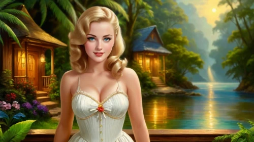 the blonde in the river,amazonica,cartoon video game background,tinkerbell,celtic woman,fairy tale character,fantasy picture,blonde woman,connie stevens - female,fantasy girl,fantasy woman,background ivy,glinda,ninfa,thumbelina,dorthy,fairyland,landscape background,janna,retro pin up girl