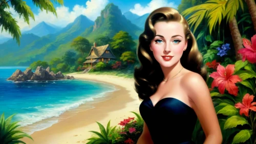 hawaiiana,beach background,south pacific,mermaid background,polynesian girl,kanaloa,tahitian,art deco background,cuba background,hawai,landscape background,blue hawaii,tahiti,tropicale,wahine,tropico,maureen o'hara - female,connie stevens - female,polynesian,cartoon video game background