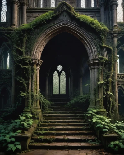 hall of the fallen,haunted cathedral,forest chapel,rivendell,labyrinthian,mirkwood,nargothrond,ruins,witch's house,abandoned place,sanctuary,ruin,cathedrals,mausoleum ruins,moss landscape,sunken church,briarcliff,margam,theed,sanctum,Illustration,American Style,American Style 07