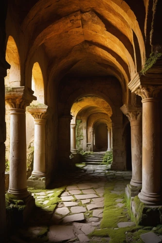 cloister,colonnades,ruinas,arcades,undercroft,cloisters,ruins,archways,inside courtyard,bomarzo,porticoes,columnas,colonnaded,colonnade,peristyle,porticus,crypt,ancient buildings,roman ruins,arches,Conceptual Art,Oil color,Oil Color 19
