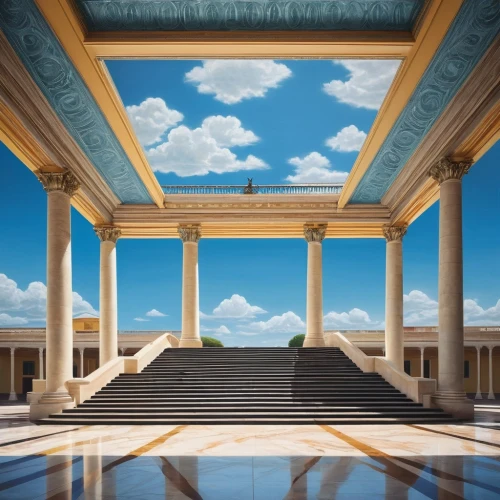 zappeion,peristyle,neoclassical,hall of nations,cochere,neoclassicism,colonnades,colonnade,doric columns,greek temple,saint george's hall,hall of supreme harmony,palladian,vittoriano,marble palace,three pillars,burgtheater,glyptothek,colonnaded,panathenaic,Illustration,Abstract Fantasy,Abstract Fantasy 06
