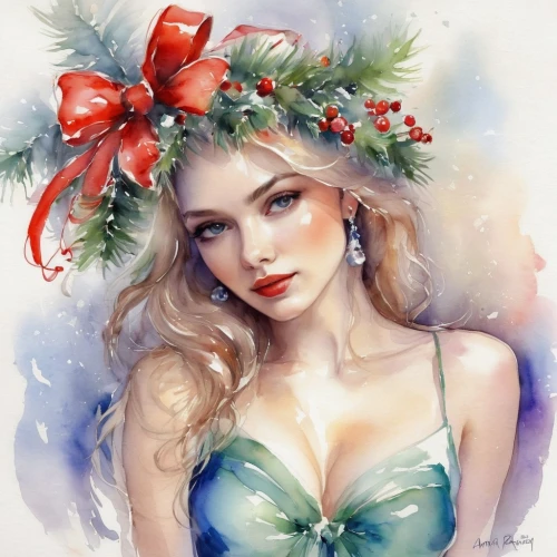 christmas pin up girl,pin up christmas girl,christmas woman,girl in a wreath,holly wreath,christmas wreath,retro christmas girl,wreath,retro christmas lady,watercolor christmas background,floral wreath,christmas flower,flower of christmas,watercolor wreath,christmas ribbon,christmas angel,margairaz,christmas motif,wreaths,christmas girl,Illustration,Paper based,Paper Based 11
