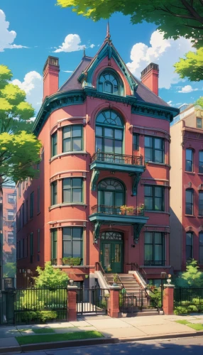 brownstones,brownstone,apartment house,rowhouse,apartment building,victorian house,mansard,townhome,rowhouses,maplecroft,townhouse,sylvania,red brick,dreamhouse,apartment complex,ghibli,residential,beautiful buildings,old victorian,tenement,Illustration,Japanese style,Japanese Style 03