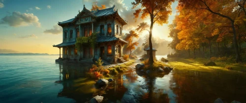 house with lake,fantasy picture,house by the water,fantasy landscape,houseboat,thai temple,houseboats,3d fantasy,floating huts,lonely house,dreamhouse,fairytale castle,fantasy art,ancient house,water palace,fairytale,home landscape,fisherman's house,asian architecture,house of the sea