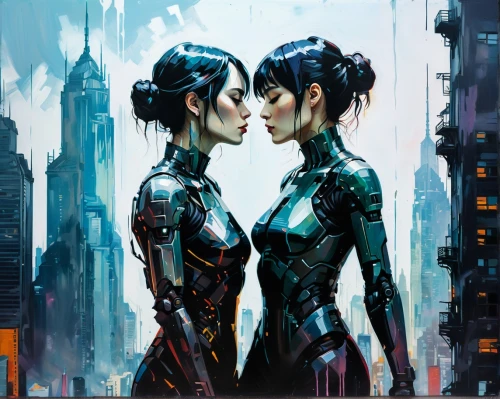 cyberpunks,androids,automatons,neuromancer,cyborgs,cyberangels,sci fiction illustration,cybernetic,cybernetically,cyberpunk,fembots,biotic,synthpop,two girls,cyberworld,dreamfall,replicants,replicant,catsuits,ladytron,Conceptual Art,Oil color,Oil Color 08