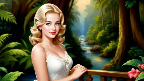 the blonde in the river,connie stevens - female,background ivy,ninfa,marylyn monroe - female,gardenia,amazonica,thumbelina,mamie van doren,cartoon video game background,maureen o'hara - female,glinda,marilynne,tinkerbell,forest background,retro pin up girl,blonde woman,rosalinda,secret garden of venus,art deco background