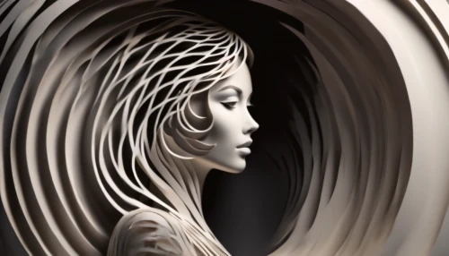 art deco woman,imaginacion,woman thinking,decorative figure,spiral background,woman sculpture,perceiving,virtual identity,spiral art,deformations,distorting,spiraled,self hypnosis,mirror of souls,paper art,stereographic,idealisation,spiralling,time spiral,multilayered