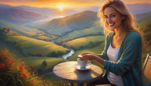 woman drinking coffee,woman at cafe,darjeeling,landscape background,coffee background,coffee tea illustration,donsky,mountain sunrise,coffee break,drinking coffee,art painting,world digital painting,coffee time,girl with cereal bowl,welin,romantic portrait,morning illusion,cuppa,caffee,a cup of coffee,Conceptual Art,Daily,Daily 32