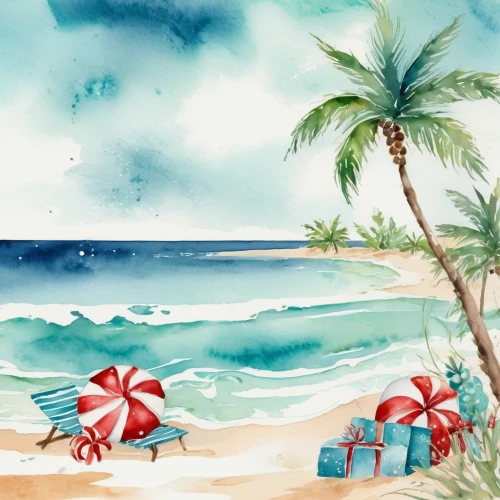 watercolor christmas background,watercolor palm trees,christmas on beach,watercolor background,santa claus at beach,summer beach umbrellas,beach scenery,beach landscape,blue hawaii,dream beach,coconut trees,beach background,watercolor christmas pattern,umbrella beach,tropical beach,holidaymaker,beach chairs,watercolor painting,holidaymakers,christmas island,Illustration,Paper based,Paper Based 25