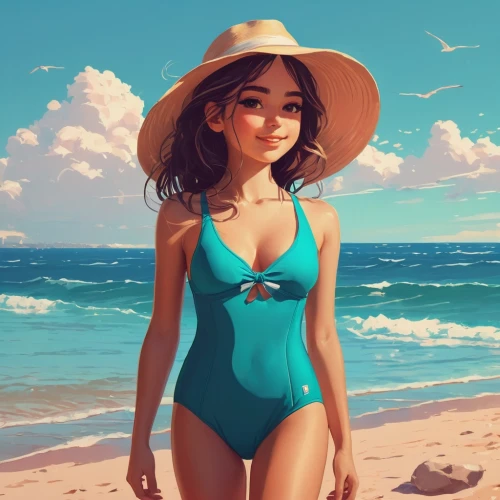 beach background,summer background,verano,sun hat,bahama,turquoise,summer swimsuit,summer hat,swimsuit,straw hat,high sun hat,dream beach,bathing suit,summer day,girl in swimsuit,beachwear,beach scenery,ocean,color turquoise,digital painting,Conceptual Art,Fantasy,Fantasy 32