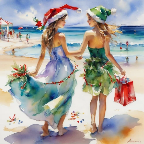 christmas on beach,watercolor women accessory,merrymaking,watercolor painting,sundresses,summer beach umbrellas,watercolor christmas background,christmas girls,merrymakers,walk on the beach,watercolorist,greetting card,promenade,watercolor,holidaymakers,beach walk,donsky,beachcombers,santa claus at beach,cheerfulness,Illustration,Paper based,Paper Based 11