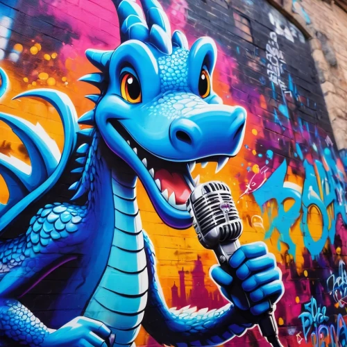 graffiti art,alebrije,roa,graffitti,graffiti,graff,brooklyn street art,draggy,painted dragon,maguana,crooning,microphone,beatboxer,fire breathing dragon,mic,rubber dinosaur,streetart,grafiti,man with saxophone,grafitti,Conceptual Art,Graffiti Art,Graffiti Art 07