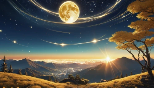 moon and star background,goldmoon,fantasy picture,starclan,golden sun,moon and star,space art,hanging moon,stars and moon,world digital painting,background image,moons,fantasy landscape,falling star,starry night,beautiful wallpaper,silmarils,starry sky,orb,sun moon,Photography,General,Realistic