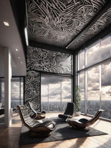 modern decor,contemporary decor,interior modern design,interior design,modern living room,3d rendering,wallcoverings,sky space concept,interior decoration,patterned wood decoration,penthouses,wallcovering,great room,sky apartment,interior decor,modern room,concrete ceiling,luxury home interior,glass wall,conference room,Illustration,Black and White,Black and White 11