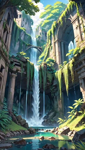 waterfall,ash falls,water falls,waterfalls,cascade,skylands,green waterfall,fantasy landscape,labyrinthian,water fall,ancient city,falls,oasis,crescent spring,ruins,underwater oasis,cascada,mountain spring,futuristic landscape,lagoon,Anime,Anime,Realistic