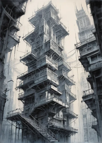 scaffolding,unbuilt,high rises,falsework,arcology,superstructure,scaffold,sedensky,constructs,urban towers,steel tower,highrises,deconstructivism,scaffolded,monolithic,megastructures,skyscraping,ruin,construct,steel scaffolding,Illustration,Paper based,Paper Based 30