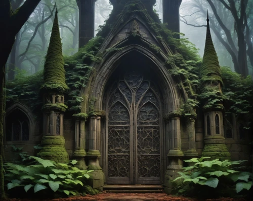 forest chapel,old graveyard,forest cemetery,mausolea,haunted cathedral,portal,mausoleum ruins,creepy doorway,mausoleums,resting place,graveyards,mausoleum,graveyard,sepulchres,hall of the fallen,fairy door,old cemetery,necropolis,burial ground,tombstones,Art,Artistic Painting,Artistic Painting 28