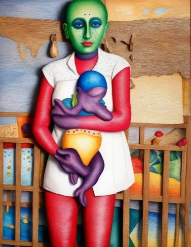 bodypainting,girl with cloth,ventriloquist,body painting,maternal,breastfeeding,infant,breastfed,painter doll,woman frog,ventriloquism,bodypaint,pregnant woman,paschke,surrealism,frida kahlo,caesarean,mother kiss,breastfeed,doula,Illustration,Paper based,Paper Based 24