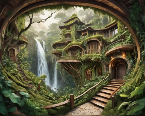 labyrinthian,fantasy landscape,world digital painting,deltora,house in the forest,fairy village,fantasy picture,rivendell,ecotopia,tree house,fantasy art,mushroom landscape,elves country,fantasy world,tree house hotel,forest house,fairy world,green waterfall,lavonia,3d fantasy,Illustration,Black and White,Black and White 05