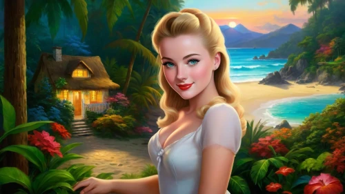 the blonde in the river,tropico,cartoon video game background,landscape background,world digital painting,mermaid background,fantasy picture,habanera,cuba background,elsa,catalina,fairy tale character,blonde woman,nature background,kovalam,tahitian,galinda,disney character,portrait background,anastasiadis
