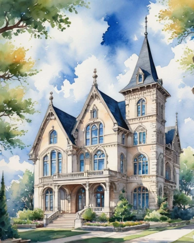 fairy tale castle,fairytale castle,victorian house,chateau,dreamhouse,briarcliff,driehaus,gold castle,castlelike,house painting,beautiful buildings,old victorian,haunted castle,greystone,wappocomo,castle of the corvin,country house,muskau,houses clipart,beautiful home,Illustration,Paper based,Paper Based 25
