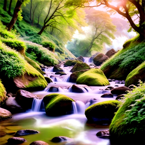 mountain stream,flowing creek,brook landscape,streams,nature background,streamside,clear stream,flowing water,green waterfall,mountain spring,moss landscape,nectan,a small waterfall,waterflow,nature wallpaper,river landscape,mountain river,water flowing,stream,landscape background,Illustration,Realistic Fantasy,Realistic Fantasy 37