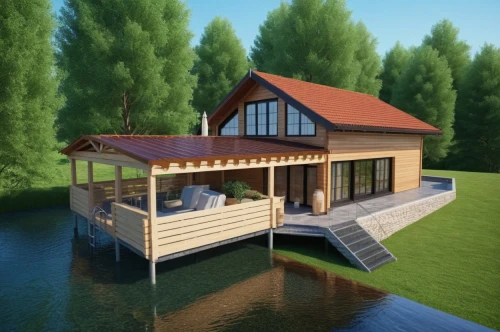 houseboat,house by the water,boat house,house with lake,summer cottage,floating huts,houseboats,boat shed,3d rendering,boathouse,deckhouse,wooden house,stilt house,inverted cottage,summer house,sketchup,boatshed,boathouses,pool house,small cabin,Photography,General,Realistic