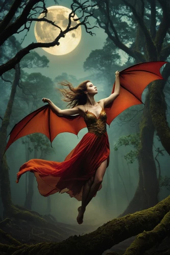 fantasy picture,fairies aloft,flying girl,faerie,red riding hood,fantasy art,faery,demoness,morrigan,little red riding hood,fantasy woman,flying fox,vampire woman,forest dragon,red cape,bewitching,elves flight,skyclad,dragonheart,red butterfly,Photography,Artistic Photography,Artistic Photography 14