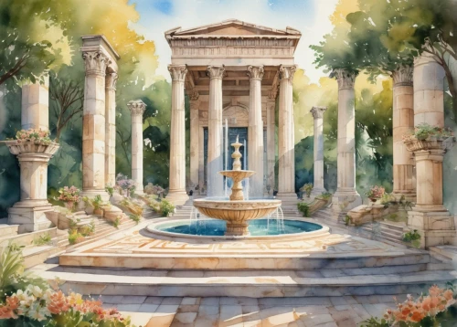 artemis temple,fountain,pallas athene fountain,panagora,ephesus,stone fountain,roman bath,greek temple,pillars,garden of the fountain,fountains,water palace,temple of diana,marble palace,august fountain,old fountain,three pillars,crescent spring,fountain pond,columns,Illustration,Paper based,Paper Based 25