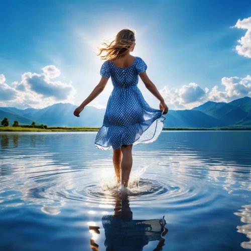 walk on water,riverdance,eurythmy,waterkeeper,divine healing energy,girl on the river,blue waters,self hypnosis,the body of water,waterbodies,gracefulness,watery heart,floating over lake,purifying,in water,waterpower,waterbody,landscape background,nature background,walking in a spring,Photography,General,Realistic