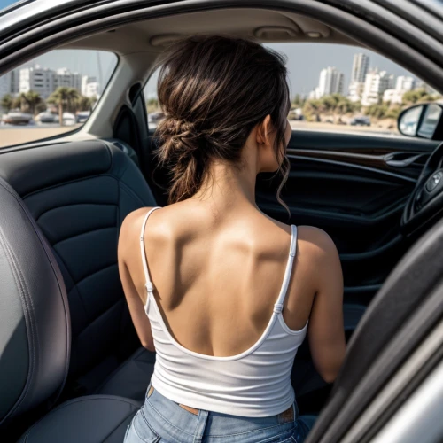 girl in car,girl and car,girl from the back,backless,woman in the car,rearview,girl from behind,passenger,sternocleidomastoid,car window,in car,behind,rearview mirror,backs,behind the wheel,pony tail,collarbones,parked car,braless,collarbone