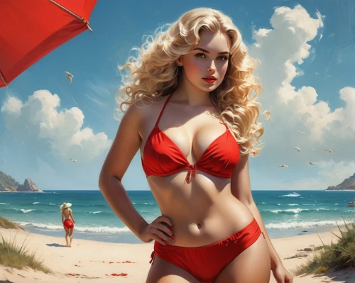 ann,beach background,lifeguard,blonde woman,lady in red,retro pin up girl,pin-up girl,donsky,red tablecloth,pin up girl,beach umbrella,red summer,retro pin up girls,valentine day's pin up,beach scenery,red,valentine pin up,man in red dress,life guard,summer background,Conceptual Art,Fantasy,Fantasy 12