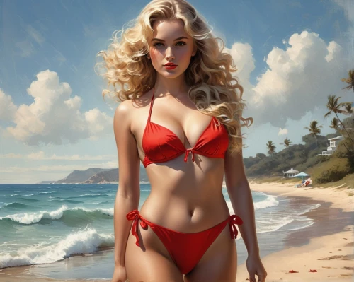blonde woman,beach background,beachwear,the blonde in the river,lady in red,lopilato,pin-up girl,objectification,beach scenery,red,two piece swimwear,summer background,donsky,pin up girl,candice,blonde girl,blond girl,ann,superhot,red summer,Conceptual Art,Fantasy,Fantasy 12