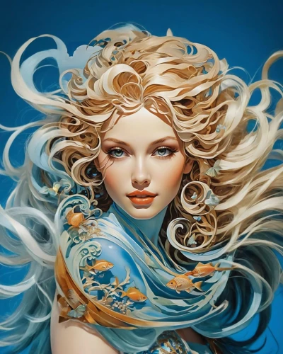 sirena,amphitrite,galadriel,the wind from the sea,diwata,windswept,margairaz,elsa,blue enchantress,medusa,blonde woman,windblown,fantasy portrait,siren,azzurra,fantasy woman,rapunzel,little girl in wind,fantasy art,undine