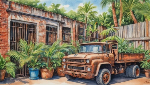 packinghouse,auto repair shop,fordlandia,coconut water concentrate plant,coconut water bottling plant,watercolor shops,rust truck,juice plant,colored pencil background,sugar plant,auto repair,lumberyard,sugarcane,cuba background,sugar cane,freight depot,old havana,loading dock,warehouses,palmettos,Conceptual Art,Daily,Daily 17