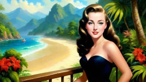 tretchikoff,beach background,hawaiiana,bettie,dita,tropico,retro pin up girl,jane russell-female,maureen o'hara - female,retro woman,marylyn monroe - female,pin-up girl,background ivy,art deco background,pin up girl,retro pin up girls,retro women,cuba background,pin ups,blue hawaii