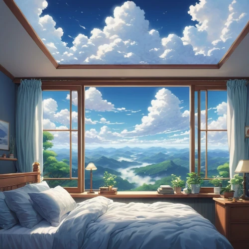 sky apartment,sleeping room,bedroom window,windows wallpaper,boy's room picture,japanese-style room,blue room,great room,room,skylight,dreamscapes,cartoon video game background,landscape background,ocean view,dream world,dreamscape,modern room,bedroom,window to the world,cloudstreet,Illustration,Japanese style,Japanese Style 05