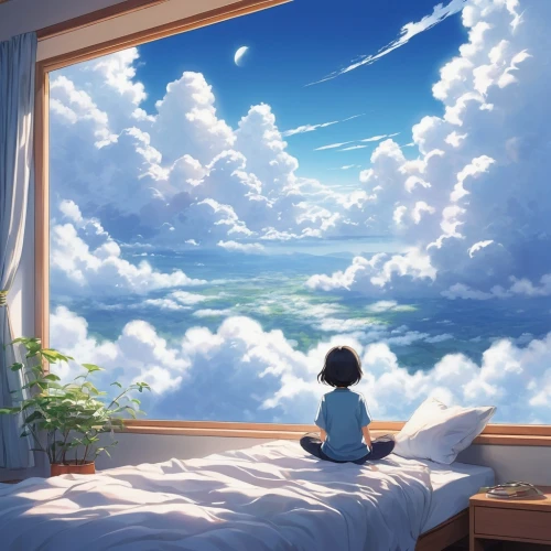 sky apartment,dream world,heavenward,cloudstreet,cloudmont,studio ghibli,sea of clouds,clouds - sky,dreamscapes,dreamland,ghibli,dreaming,windows wallpaper,blue sky clouds,boy's room picture,dreamlife,peaceful,bedroom window,above the clouds,cielo,Illustration,Japanese style,Japanese Style 05