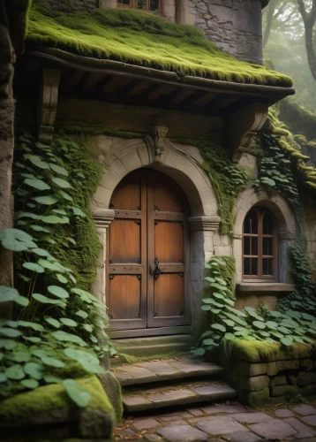 witch's house,doorways,ancient house,fairy door,gatehouses,house in the forest,the threshold of the house,witch house,abandoned place,moss landscape,abandoned house,doorway,abandoned places,kykuit,garden door,wooden door,front door,the door,stone gate,ghost castle,Art,Artistic Painting,Artistic Painting 41